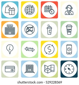 Set Of 16 Traveling Icons. Can Be Used For Web, Mobile, UI And Infographic Design. Includes Elements Such As Road Map, Shopping, Airfield Manufacture And More.