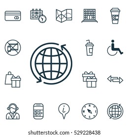 Set Of 16 Traveling Icons. Can Be Used For Web, Mobile, UI And Infographic Design. Includes Elements Such As Appointment, Present, Locate And More.