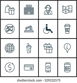Set Of 16 Traveling Icons. Can Be Used For Web, Mobile, UI And Infographic Design. Includes Elements Such As Road Map, Call Duration, Takeaway Coffee And More.