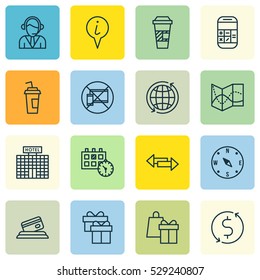 Set Of 16 Traveling Icons. Can Be Used For Web, Mobile, UI And Infographic Design. Includes Elements Such As Takeaway Coffee, Drink Cup, Shopping And More.