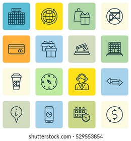Set Of 16 Traveling Icons. Can Be Used For Web, Mobile, UI And Infographic Design. Includes Elements Such As Shopping, World, Resort Development And More.