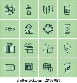 Set Of 16 Traveling Icons. Can Be Used For Web, Mobile, UI And Infographic Design. Includes Elements Such As Operator, World, Drink Cup And More.