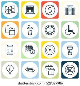 Set Of 16 Traveling Icons. Can Be Used For Web, Mobile, UI And Infographic Design. Includes Elements Such As Calculation, World, Appointment And More.