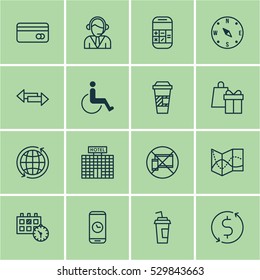 Set Of 16 Traveling Icons. Can Be Used For Web, Mobile, UI And Infographic Design. Includes Elements Such As World, Money Trasnfer, Crossroad And More.