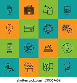 Set Of 16 Traveling Icons. Can Be Used For Web, Mobile, UI And Infographic Design. Includes Elements Such As Call Duration, Takeaway Coffee, Present And More.
