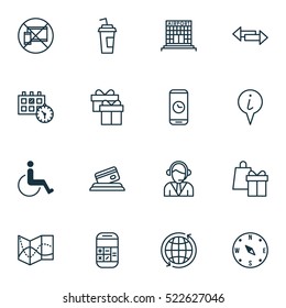 Set Of 16 Traveling Icons. Includes Elements Such As Call, Time, Airport And More