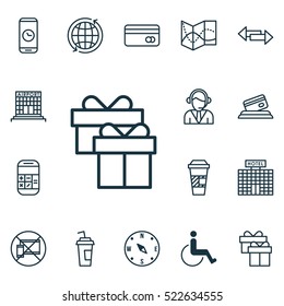 Set Of 16 Traveling Icons. Includes Elements Such As Operator, Cup, Phone And More