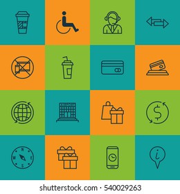 Set Of 16 Traveling Icons. Includes Shopping, Credit Card, Airfield Manufacture And Other Symbols. Beautiful Design Elements.