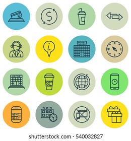 Set Of 16 Traveling Icons. Includes Call Duration, Money Trasnfer, Resort Development And Other Symbols. Beautiful Design Elements.