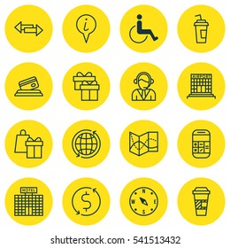 Set Of 16 Traveling Icons. Includes World, Accessibility, Resort Development And Other Symbols. Beautiful Design Elements.