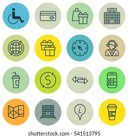 Set Of 16 Traveling Icons. Includes Takeaway Coffee, Calculation, Resort Development And Other Symbols. Beautiful Design Elements.