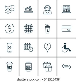 Set Of 16 Traveling Icons. Includes Crossroad, Credit Card, Present And Other Symbols. Beautiful Design Elements.