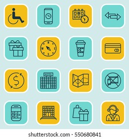 Set Of 16 Traveling Icons. Includes Calculation, Shopping, Appointment And Other Symbols. Beautiful Design Elements.