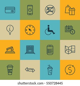 Set Of 16 Traveling Icons. Includes Calculation, Airfield Manufacture, Drink Cup And Other Symbols. Beautiful Design Elements.