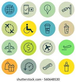 Set Of 16 Traveling Icons. Includes Drink Cup, Money Trasnfer, Takeaway Coffee And Other Symbols. Beautiful Design Elements.