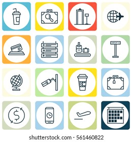 Set Of 16 Traveling Icons. Includes World Sphere, Takeaway Coffee, Airliner Takeoff And Other Symbols. Beautiful Design Elements.