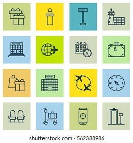 Set Of 16 Traveling Icons. Includes Fly Around, Present, Resort Development And Other Symbols. Beautiful Design Elements.