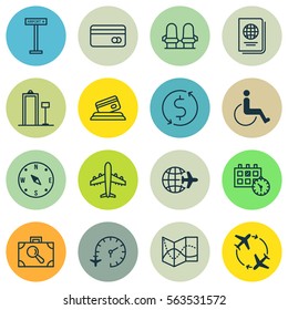 Set Of 16 Traveling Icons. Includes Locate, Security Scanner, Airliner And Other Symbols. Beautiful Design Elements.