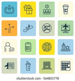 Set Of 16 Traveling Icons. Includes Escalator Down, Flight Path, Forbidden Mobile And Other Symbols. Beautiful Design Elements.