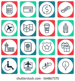 Set Of 16 Traveling Icons. Includes Airport Building, Money Trasnfer, Aircraft Arrow And Other Symbols. Beautiful Design Elements.