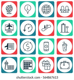 Set Of 16 Traveling Icons. Includes Drink Cup, Armchair, Internet Ticket And Other Symbols. Beautiful Design Elements.