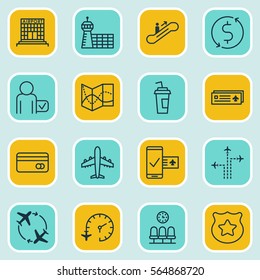 Set Of 16 Traveling Icons. Includes Airport Card, Phone Reservation, Airfield Manufacture And Other Symbols. Beautiful Design Elements.