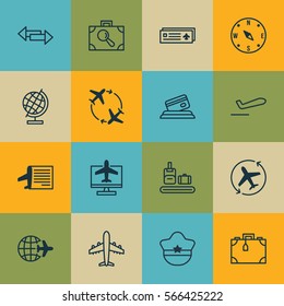 Set Of 16 Traveling Icons. Includes Credit Card, World Sphere, Airport Card And Other Symbols. Beautiful Design Elements.