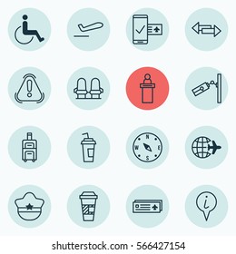 Set Of 16 Traveling Icons. Includes Registration Service, Airport Card, Pilot Hat And Other Symbols. Beautiful Design Elements.