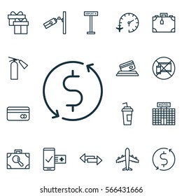 Set Of 16 Traveling Icons. Includes Phone Reservation, Video Surveillance, Resort Development And Other Symbols. Beautiful Design Elements.
