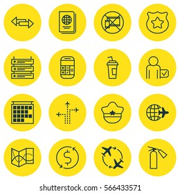 Set Of 16 Traveling Icons. Includes Flight Path, Cop Symbol, Road Map And Other Symbols. Beautiful Design Elements.