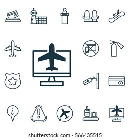 Set Of 16 Traveling Icons. Includes Aircraft Arrow, Briefcase Scanner, Siren And Other Symbols. Beautiful Design Elements.