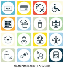 Set Of 16 Traveling Icons. Includes Pilot Hat, Globetrotter, Departure Information And Other Symbols. Beautiful Design Elements.