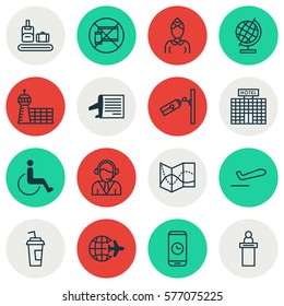 Set Of 16 Traveling Icons. Includes Briefcase Scanner, Hostess, Accessibility And Other Symbols. Beautiful Design Elements.