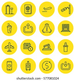 Set Of 16 Traveling Icons. Includes Luggage, Video Surveillance, Siren And Other Symbols. Beautiful Design Elements.