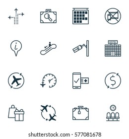 Set Of 16 Traveling Icons. Includes Suitcase, Baggage Research, Seats And Other Symbols. Beautiful Design Elements.