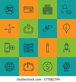 Set Of 16 Traveling Icons. Includes Globetrotter, Information, Hostess And Other Symbols. Beautiful Design Elements.