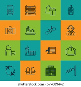 Set Of 16 Traveling Icons. Includes Globetrotter, Resort Development, Briefcase Scanner And Other Symbols. Beautiful Design Elements.