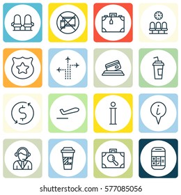 Set Of 16 Traveling Icons. Includes Seats, Airliner Takeoff, Info Pointer And Other Symbols. Beautiful Design Elements.