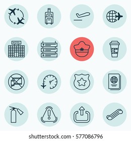 Set Of 16 Traveling Icons. Includes Luggage, Pilot Hat, Forbidden Mobile And Other Symbols. Beautiful Design Elements.