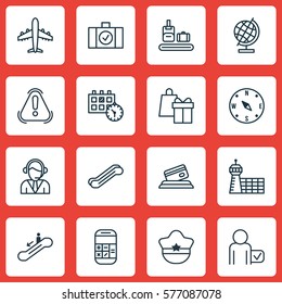 Set Of 16 Traveling Icons. Includes Credit Card, Pilot Hat, Shopping And Other Symbols. Beautiful Design Elements.