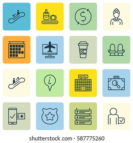 Set Of 16 Traveling Icons. Includes Info Pointer, Money Trasnfer, Internet Ticket And Other Symbols. Beautiful Design Elements.