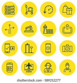 Set Of 16 Traveling Icons. Includes Airport Building, Phone Reservation, Call Duration And Other Symbols. Beautiful Design Elements.