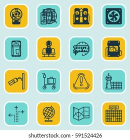 Set Of 16 Traveling Icons. Includes Luggage, Road Map, Globetrotter And Other Symbols. Beautiful Design Elements.