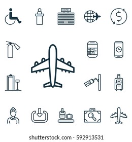 Set Of 16 Traveling Icons. Includes Registration Service, Enter, Accessibility And Other Symbols. Beautiful Design Elements.