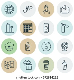 Set Of 16 Traveling Icons. Includes Present, Security Scanner, World Sphere And Other Symbols. Beautiful Design Elements.