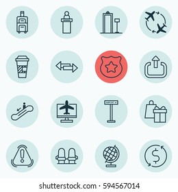 Set Of 16 Traveling Icons. Includes Airplane Information, Crossroad, Armchair And Other Symbols. Beautiful Design Elements.