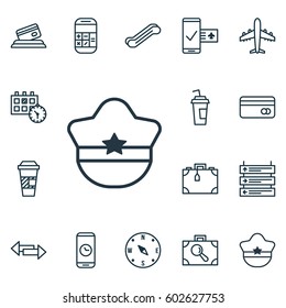 Set Of 16 Traveling Icons. Includes Stair Lift, Credit Card, Plastic Card And Other Symbols. Beautiful Design Elements.