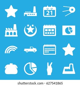 set of 16 trendy filled icons such as car, calendar, star, factory, peace, rainbow, purse