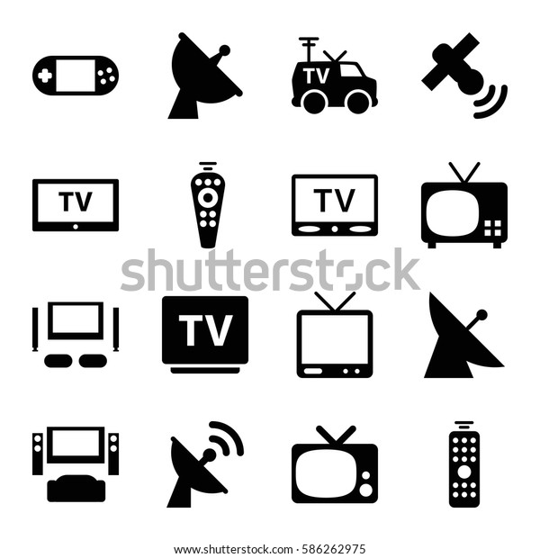Set of 16 tv filled icons such as
satellite, portable console, TV, remote
control
