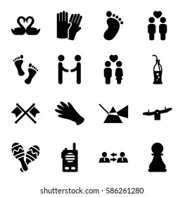 Set of 16 two filled icons such as foot print, swing, glove, gloves, couple, gay couple, swan heart, soda bottle, maraca, chess pawn, foot, walkie talkie
